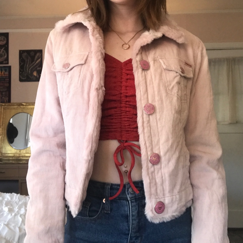 Baby pink corduroy faux fur jacket